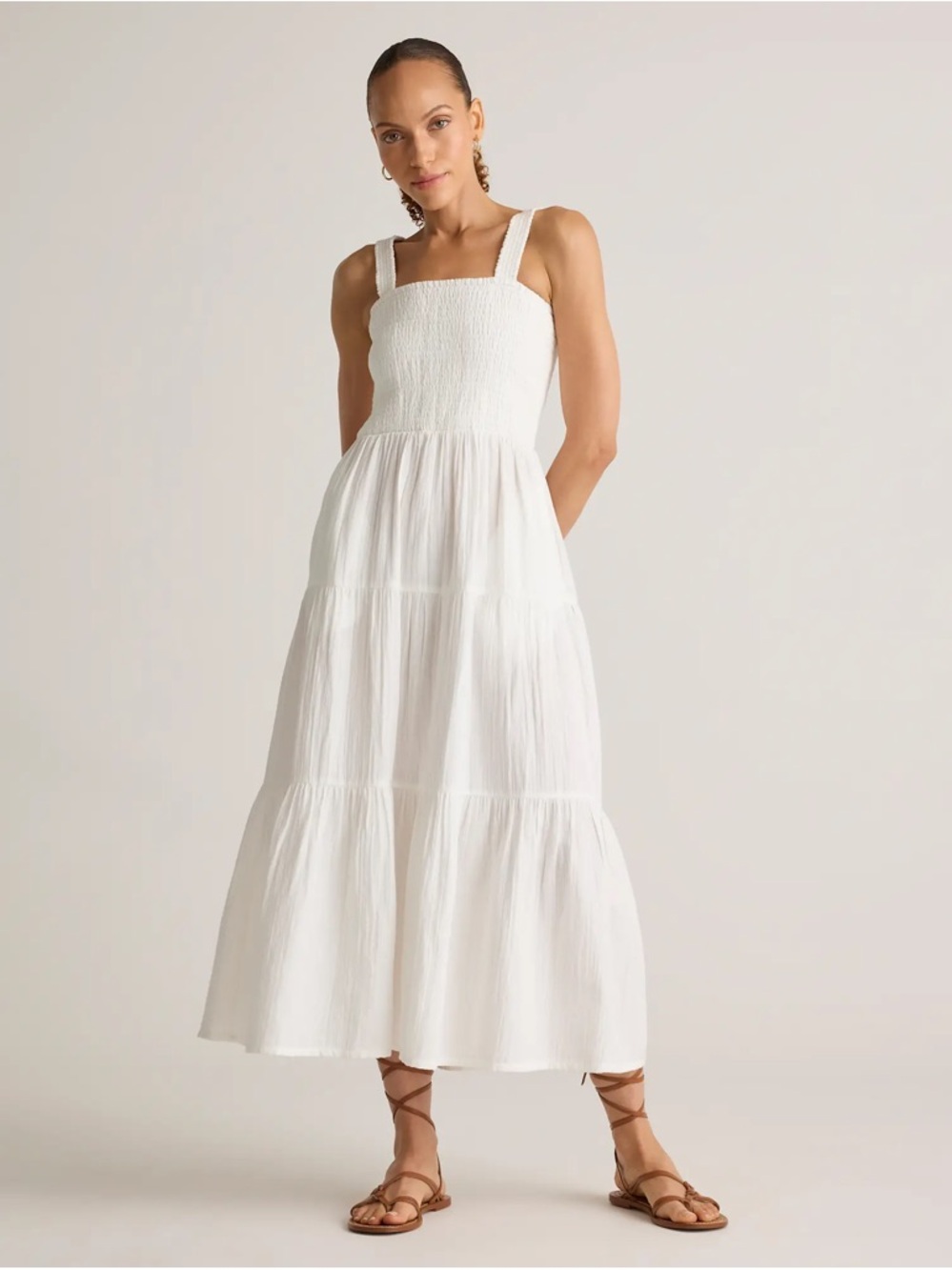 Quince White Smocked Bodice Tiered Midi Dress